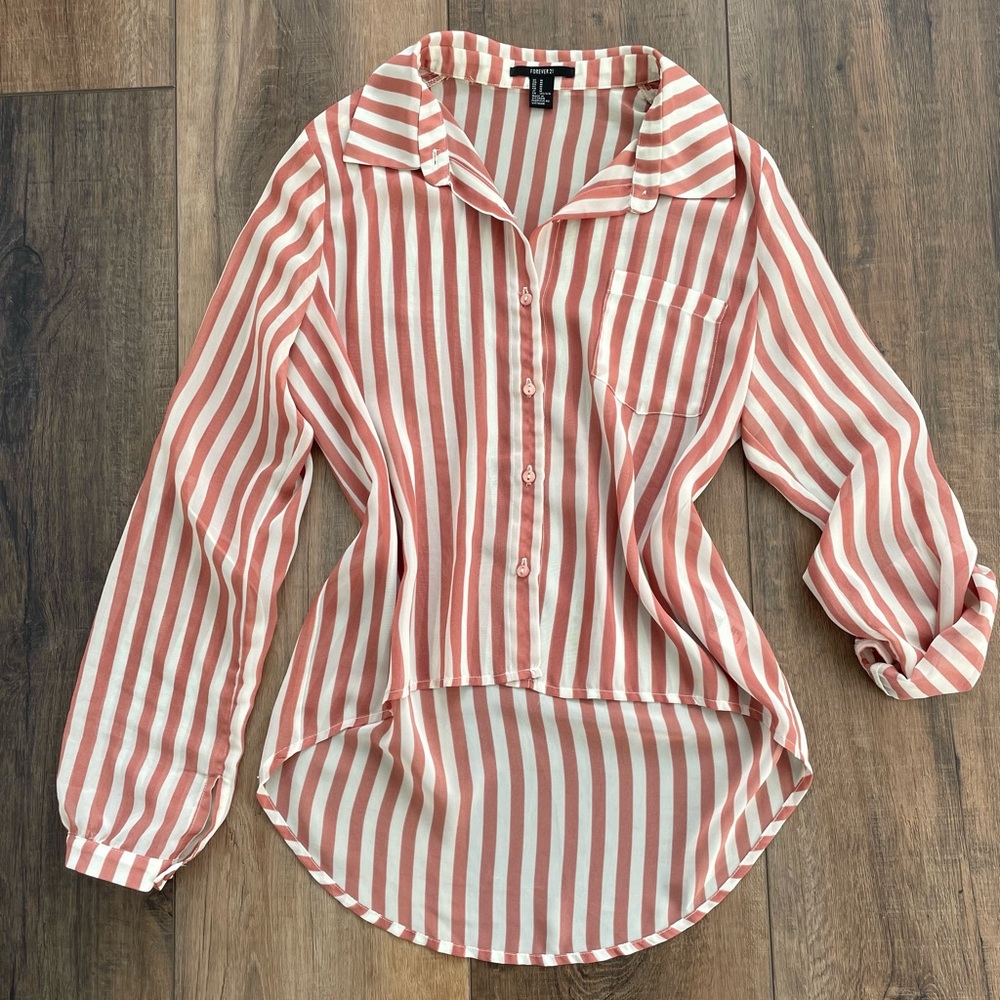 Forever 21 Womens Medium Top Pink Cream Sheer Stripe Tunic Button Collar Preppy